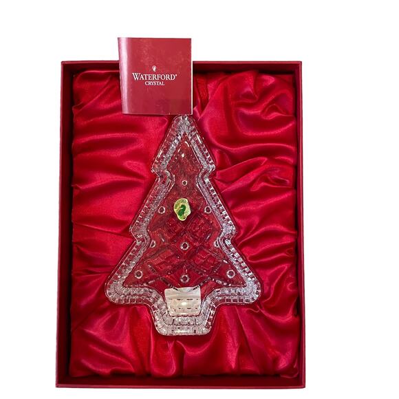WATERFORD Crystal Christmas Tree Candy Dish Tray in Holiday Red Gift Box NEW - Picture 2 of 16